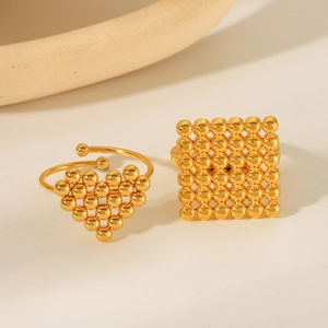 Heart Square Beaded Open Ring 18K Gold Plated Stainless Steel Adjustable Geometric Jewelry Fashion For Women
