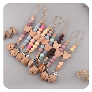 Baby Pacifier Clip Chain Silicone Beads Beech Wood Bear Teether Holder For Infants Soothing Anti-Drop Nipple Leash Strap