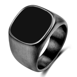 Men's 18K gold plated stainless steel signet ring with black matte brushed finish