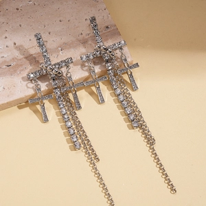 Silver-tone cross earrings with sparkling rhinestones and elegant long chain tassels
