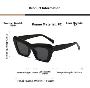 Detailed specs of retro chunky frame sunglasses with measurements for PC frame and AC lens
