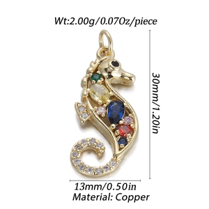 Detailed view of seahorse pendant with colorful zircons and precise dimensions