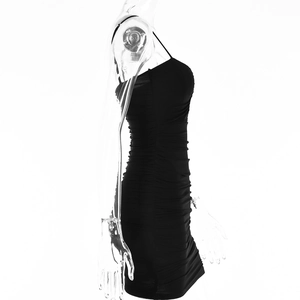 Side view of black V-neck backless mini dress with elegant ruching details on a mannequin