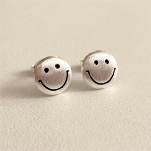 Smile Face Stud Earrings 925 Sterling Silver Brushed Matte Finish Simple Round Minimalist Cute Jewelry For Women