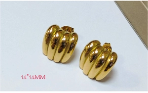 Close-up of 14x14mm croissant style earrings in 18k gold plated stainless steel
