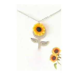 Sunflower necklace with yellow resin core on a silver chain with English greeting card