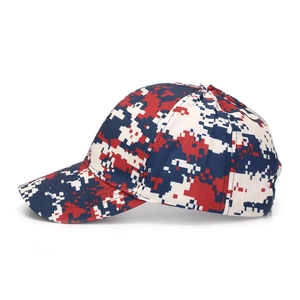 Close-up of six-panel digital camo baseball cap in red and blue pixelated pattern