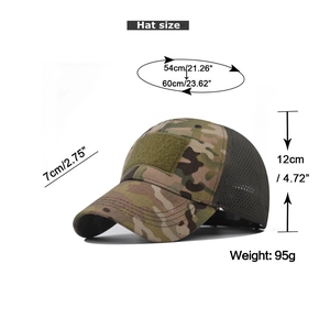 Detailed size guide for camouflage baseball cap with velcro and mesh back parameters