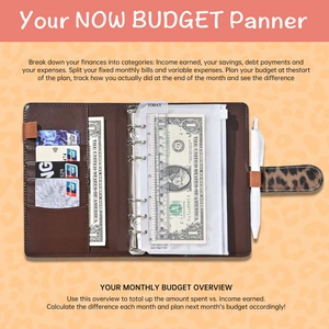 A6 leopard print budget binder set with brown leather cover and PVC cash envelopes