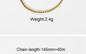 Detail of golden box chain necklace showing weight of 2.4g and length of 145mm plus 40mm