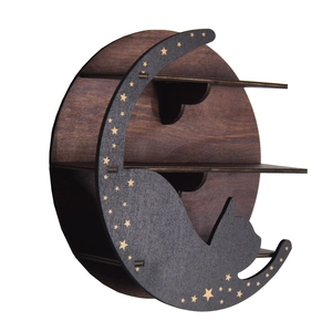 Three-tier wooden wall shelf with cat and moon silhouette and golden star details