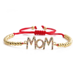 Adjustable red woven MOM bracelet with colorful zircons and gold beads for Mother's Day