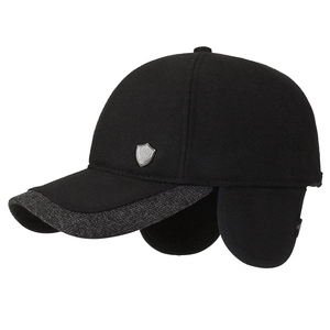 Black winter baseball cap for men with warm ear flaps and metal shield logo detail