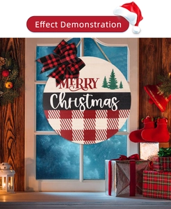 Detail view of 28cm Buffalo plaid bow with Merry Christmas typography on wooden door sign