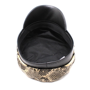 Flat top newsboy cap with snake print fabric and black leather brim for women