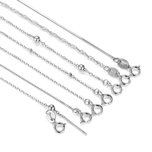 Selection of six S925 sterling silver chain styles including snake and box chains