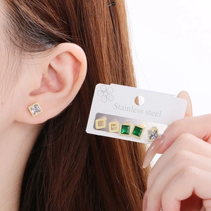 Set of 3 pairs of square stainless steel stud earrings in white, green, and gold finish