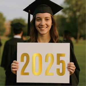 Close-up of golden 2025 graduation party sticker decor on white sign with campus view
