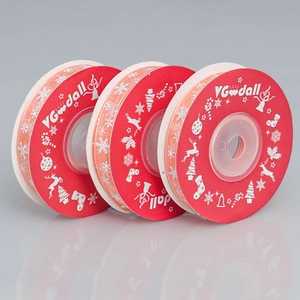 Close-up of 1cm transparent Christmas ribbons with white snowflake prints in a 3-pack set