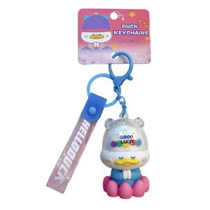 Adorable cartoon Buddha duck keychain with blue silicone strap and Good Luck charm detail