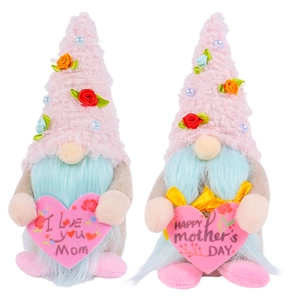 Set of two Mother's Day plush gnomes with pink hats and hearts for table decoration