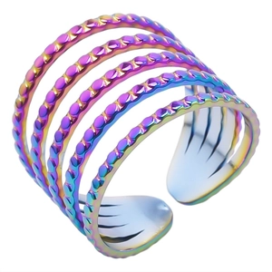 Detailed view of iridescent multi-layer open ring with textured micro-bead finish