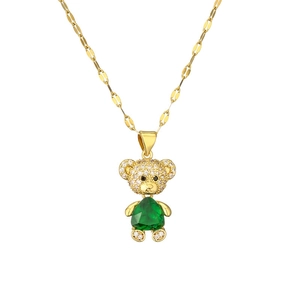 Gold bear pendant necklace featuring green pear-shaped zircon and white stones