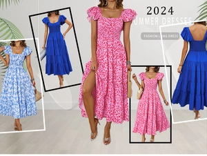 Détails de robe d'été à col carré fleuri avec manches à volants et jupe à plusieurs niveaux