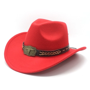 Detail of red felt cowboy hat with leather braided band and bronze bull head buckle