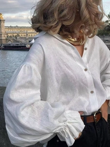 Women Cotton Linen Blouse Solid Color Long Lantern Sleeve Ruffle Cuff Button Down Shirt Casual Elegant French Style