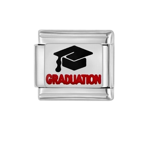 Italian charm link in silver stainless steel with graduation cap and red text