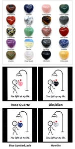 Macro detail of assorted 15mm heart-shaped semi-precious stones with healing gift cards