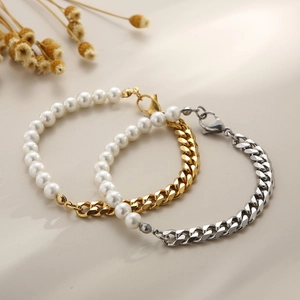 Stainless Steel Shell Artificial Pearl Necklace Bracelet Cuban Link Chain Stitching Design Elegant Punk Jewelry For Women Men