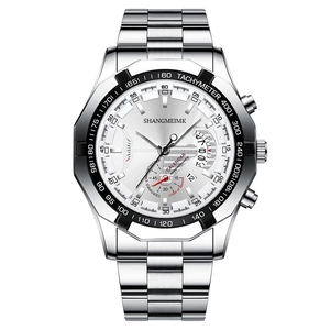 Montre chronographe pour hommes en acier argenté avec cadran blanc et tachymètre