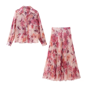 Camicia In Chiffon Con Stampa Floreale E Gonna Pieghettata Da Donna Completo Casual Per Vacanze