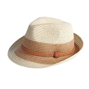 Foldable straw fedora hat with two-tone weave and decorative brown leather rope detail