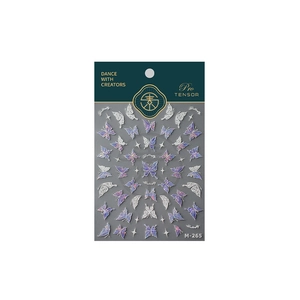 Golden butterfly nail art stickers with purple laser effect and white lace patterns