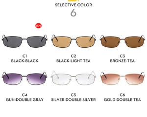 Six colors of rectangular slim metal sunglasses shown in a grid with detailed color codes