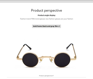 Detailed view of steampunk round sunglasses with C1 gold metal frame and dark grey lenses