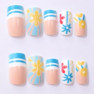 Detailed set of 10 square press-on nails featuring blue stripes and red floral patterns