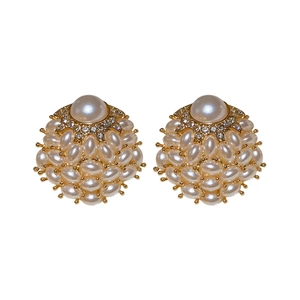 Elegant floral cluster earrings with large faux pearls and crystals on gold metal base