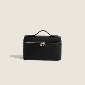 Litchi texture black leather handbag with silver double zippers and top handle
