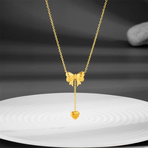 Elegant Stainless Steel Pendant Necklace Gold Bowknot Heart Drop Tassel Princess Style Fashion Jewelry For Women