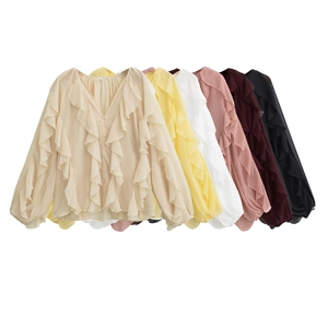 Women Ruffle Chiffon Blouse Long Sleeve V Neck Layered Frill Shirt Solid Color Elegant Lantern Sleeve Top
