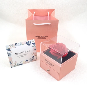 Pink preserved rose jewelry box with acrylic lid and Best Wishes gift bag set