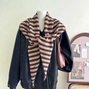 Brown and beige striped wool blend knit triangle scarf worn with a black jacket