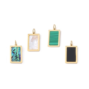 Rectangle gold-plated stainless steel pendants with abalone shell and malachite insets