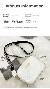 White wave quilted camera bag with stylish wide logo strap and 17x12x6cm compact size