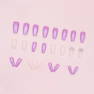Long ballet purple aurora press-on nails with rhinestone accents and pearlescent finish