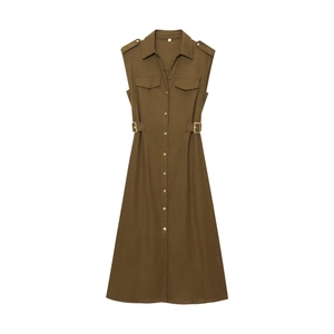 Olive green sleeveless midi utility dress with button-down front and waist belt detail